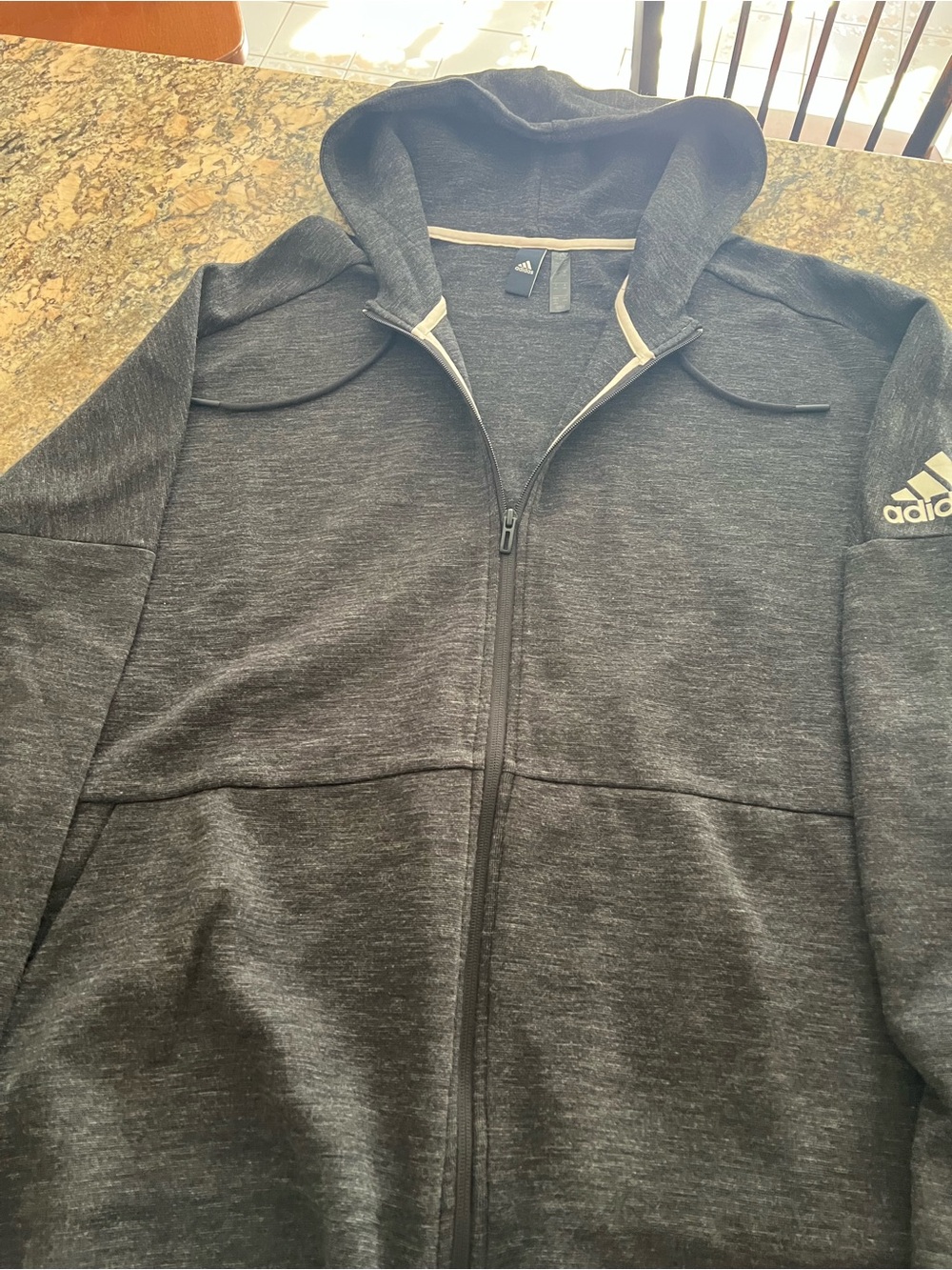 adidas Dark Heather Gray Hooded Zip Jacket with White Trim